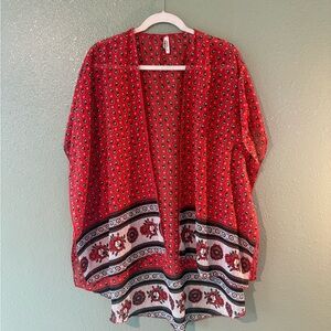 Red Floral Open Front Kimono